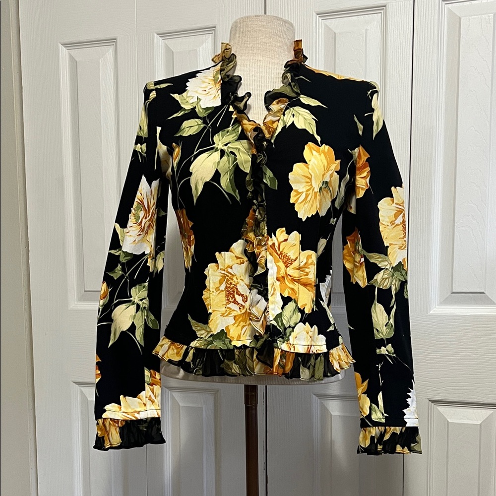 St. John Sport VTG Black & Yellow Floral Print Jacket with Ruffled Trim Size P